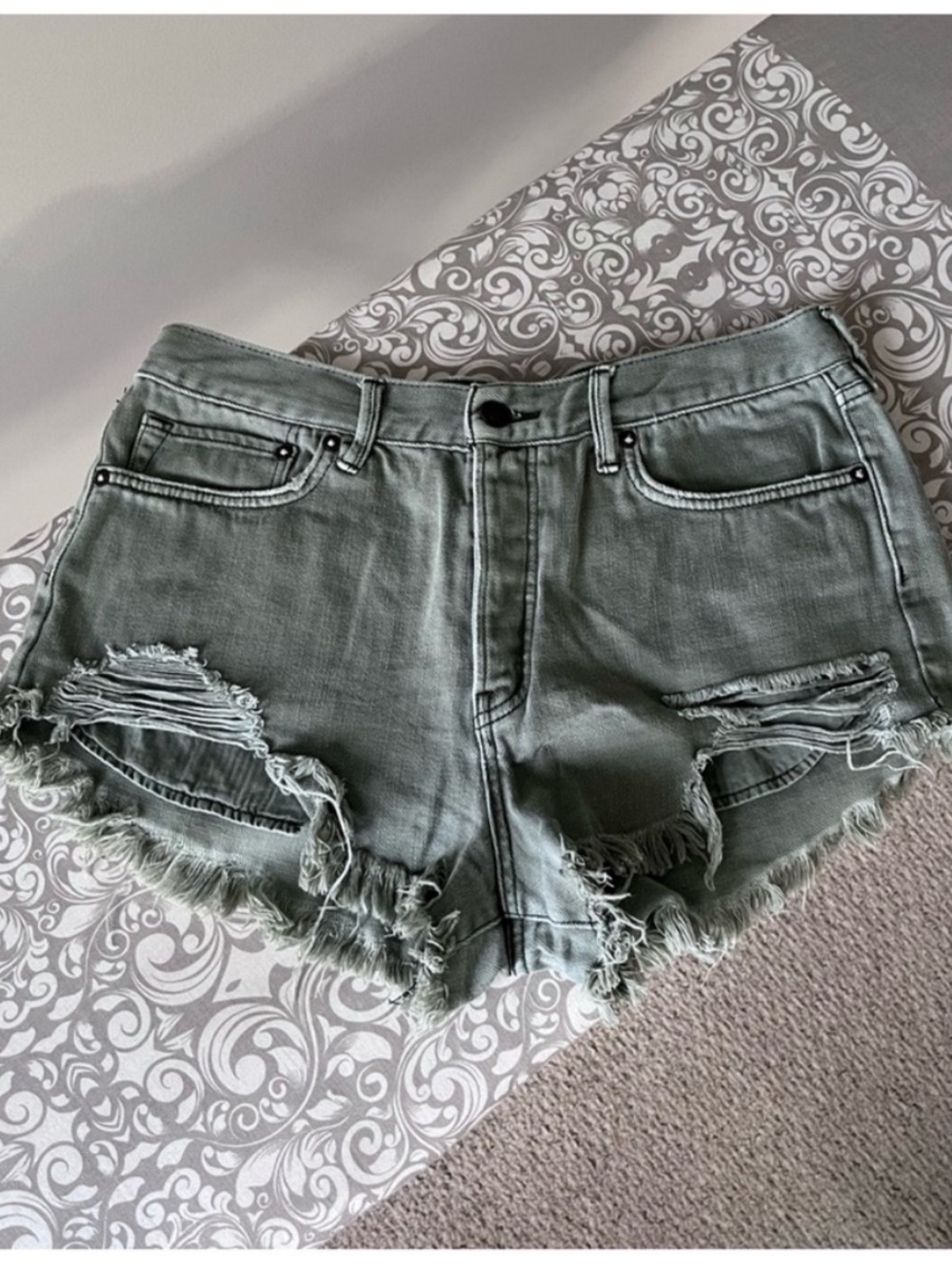 We The Free Olive Green Distressed Denim Cutoff Shorts